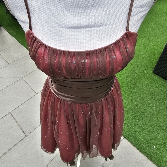 🆑️ MORGAN & CO. Drop Waist Dress Pink & Dark Brown Sequins Crystals Tulle Satin - Picture 5 of 17